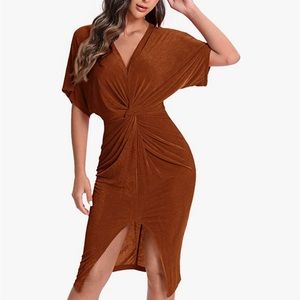 NWT never worn size L Stretchy brown midi dress with front slit and front twist